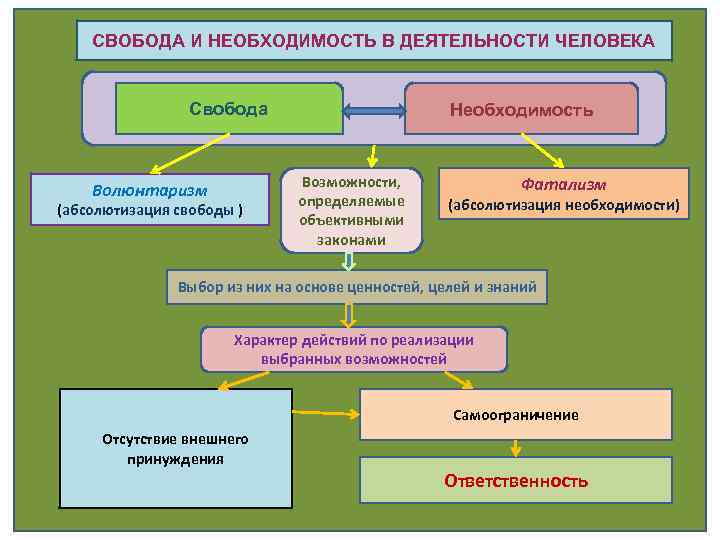 СВОБОДА И НЕОБХОДИМОСТЬ В ДЕЯТЕЛЬНОСТИ ЧЕЛОВЕКА Свобода Волюнтаризм (абсолютизация свободы ) Необходимость Возможности, определяемые