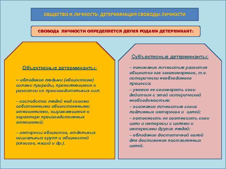 ОБЩЕСТВО И ЛИЧНОСТЬ: ДЕТЕРМИНАЦИЯ СВОБОДЫ ЛИЧНОСТИ СВОБОДА ЛИЧНОСТИ ОПРЕДЕЛЯЕТСЯ ДВУМЯ РОДАМИ ДЕТЕРМИНАНТ: Субъективные детерминанты: