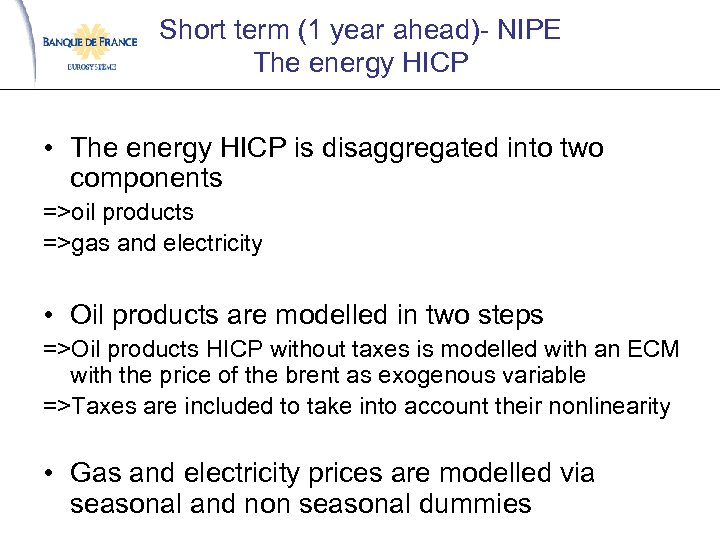 Short term (1 year ahead)- NIPE The energy HICP • The energy HICP is