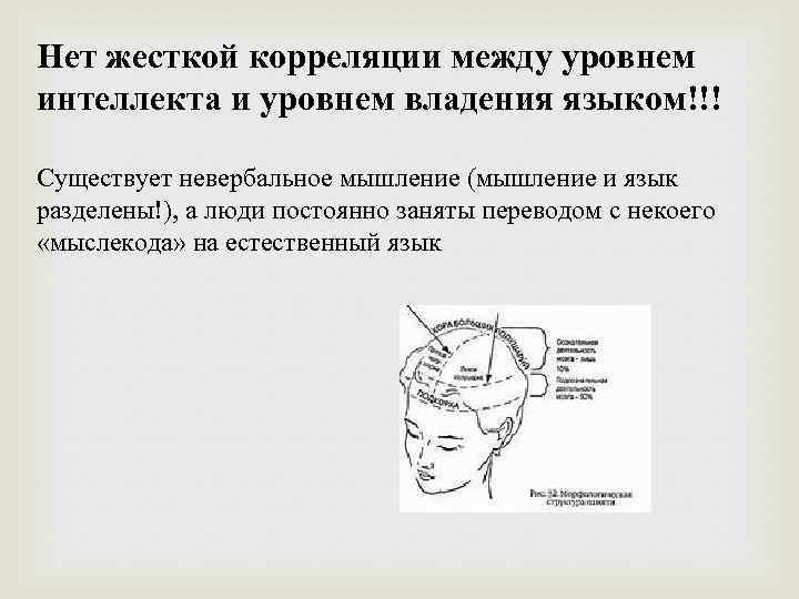 Нет жесткой корреляции между уровнем интеллекта и уровнем владения языком!!! Существует невербальное мышление (мышление