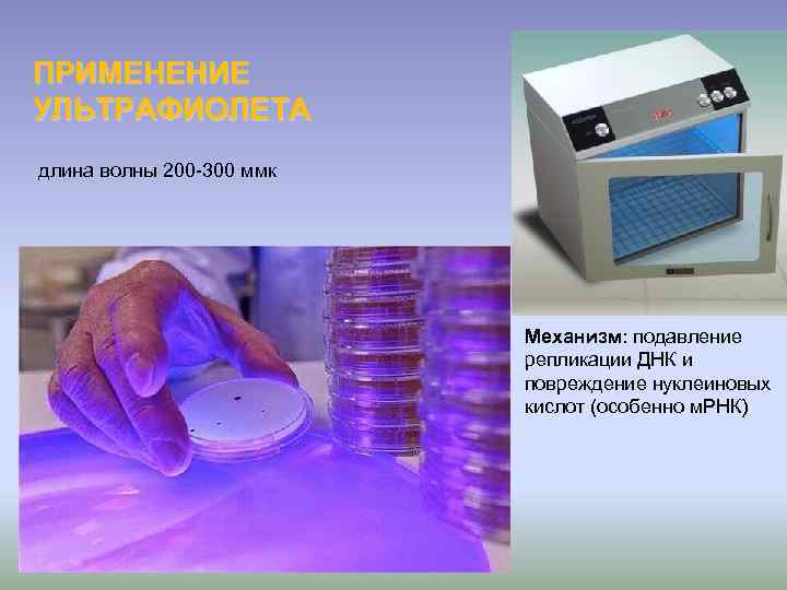 ПРИМЕНЕНИЕ УЛЬТРАФИОЛЕТА длина волны 200 -300 ммк Механизм: подавление репликации ДНК и повреждение нуклеиновых
