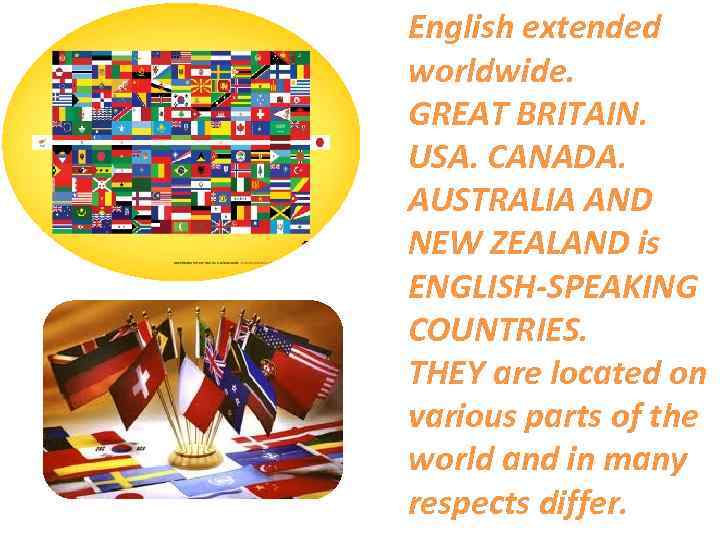 English extended worldwide. GREAT BRITAIN. USA. CANADA. AUSTRALIA AND NEW ZEALAND is ENGLISH-SPEAKING COUNTRIES.