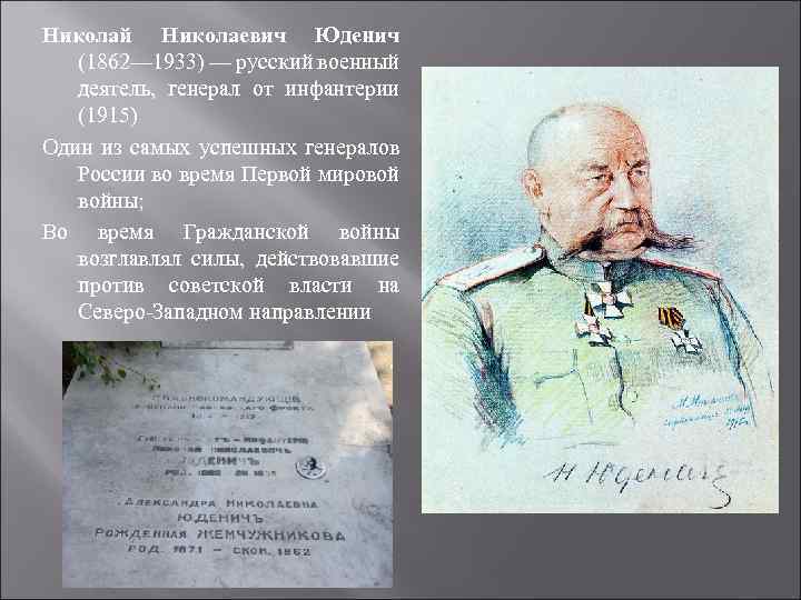 Николай Николаевич Юденич (1862— 1933) — русский военный деятель, генерал от инфантерии (1915) Один