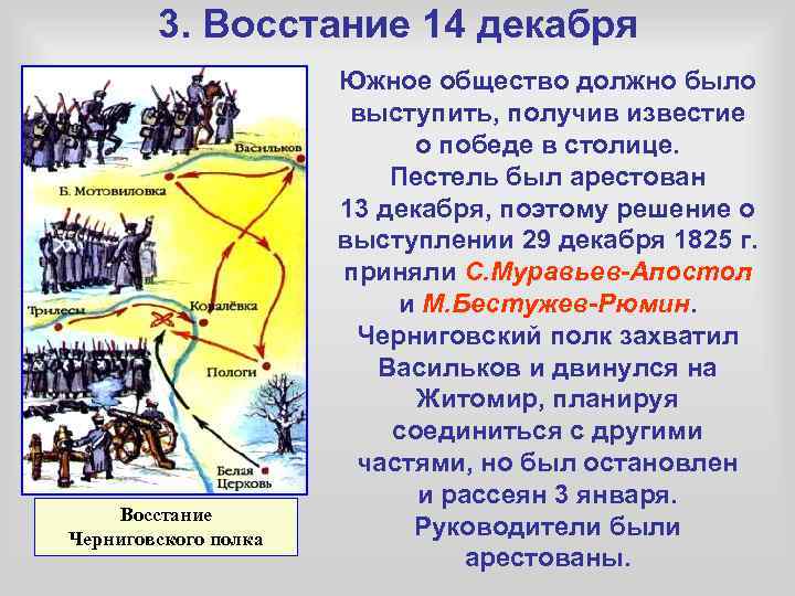 3. Восстание 14 декабря Восстание Черниговского полка Южное общество должно было выступить, получив известие