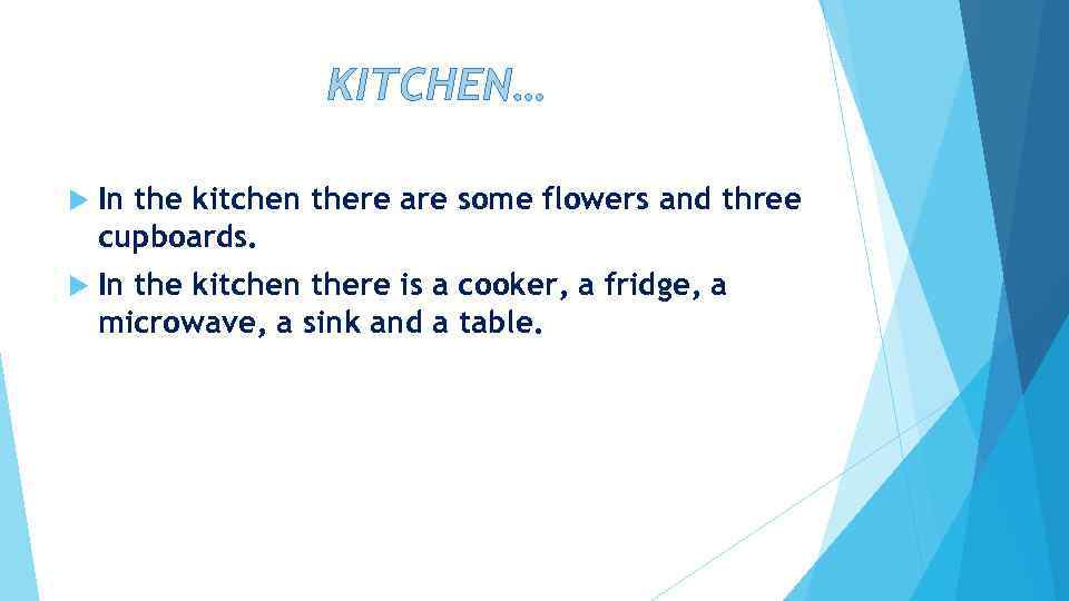 KITCHEN… In the kitchen there are some flowers and three cupboards. In the kitchen