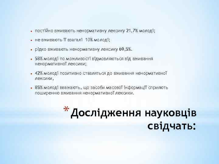  постійно вживають ненормативну лексику 21, 7% молоді; не вживають її взагалі 10% молоді;