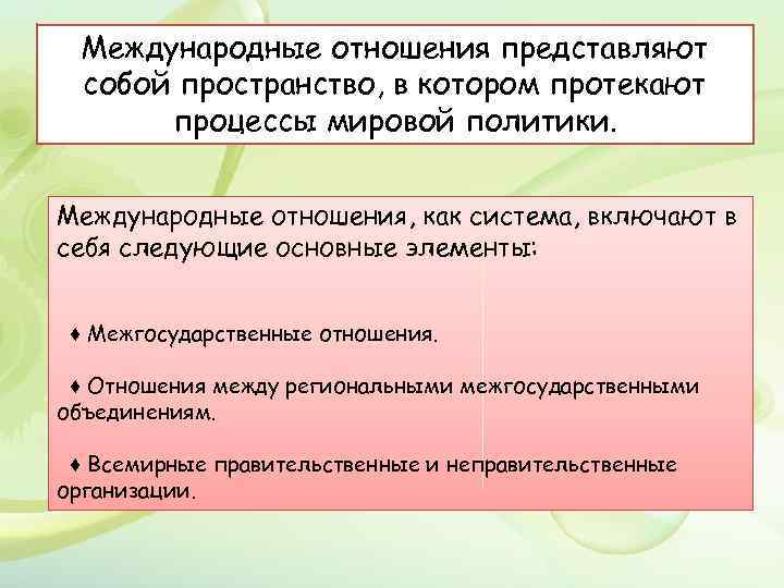 Международные отношения представляют собой пространство, в котором протекают процессы мировой политики. Международные отношения, как