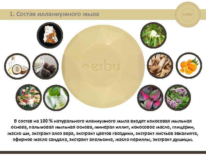 1. Состав илланиумного мыла В состав на 100 % натурального иланиумного мыла входят кокосовая