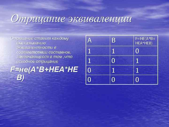 Отрицание эквиваленции Отрицание ставит каждому высказыванию эквивалентности в соответствии составное, заключающееся в том ,