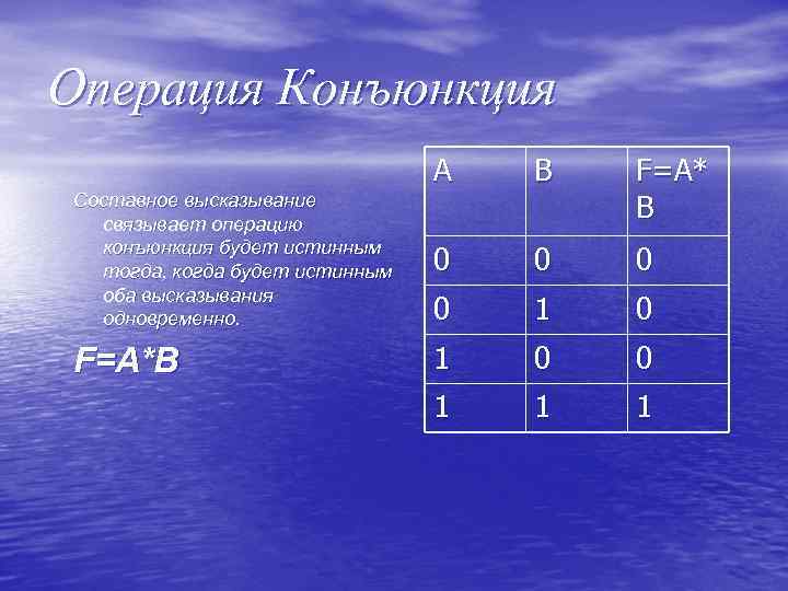 Операция Конъюнкция A B Составное высказывание связывает операцию конъюнкция будет истинным тогда, когда будет