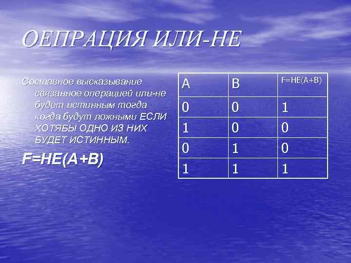 ОЕПРАЦИЯ ИЛИ-НЕ Составное высказывание связанное операцией или-не будет истинным тогда когда будут ложными ЕСЛИ