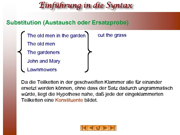 Substitution (Austausch oder Ersatzprobe) The old men in the garden cut the grass The