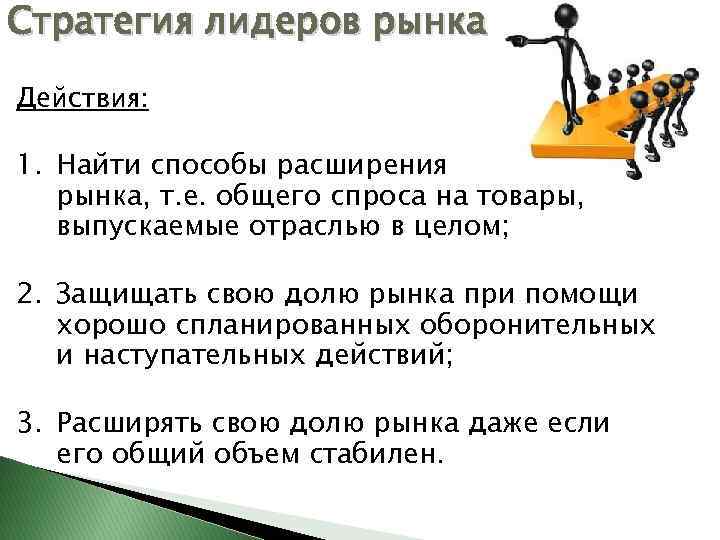 Стратегия лидеров рынка Действия: 1. Найти способы расширения рынка, т. е. общего спроса на