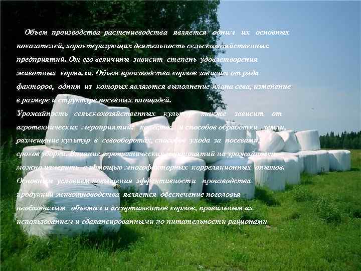 Объем производства растениеводства является одним их основных показателей, характеризующих деятельность сельскохозяйственных предприятий. От его