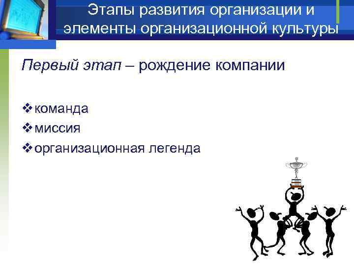Этапы развития организации и элементы организационной культуры Первый этап – рождение компании v команда