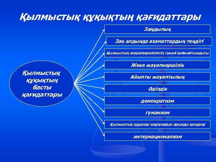 Қылмыстық құқықтың қағидаттары Заңдылық Заң алдында азаматтардың теңдігі Қылмыстық жауапкершіліктің тумай қоймайтындығы Жеке жауапкершілік