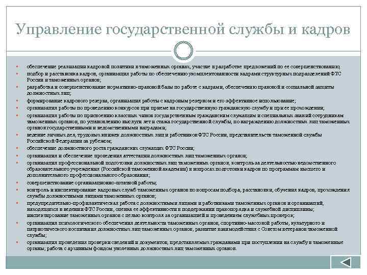 Управление государственной службы и кадров обеспечение реализации кадровой политики в таможенных органах, участие в