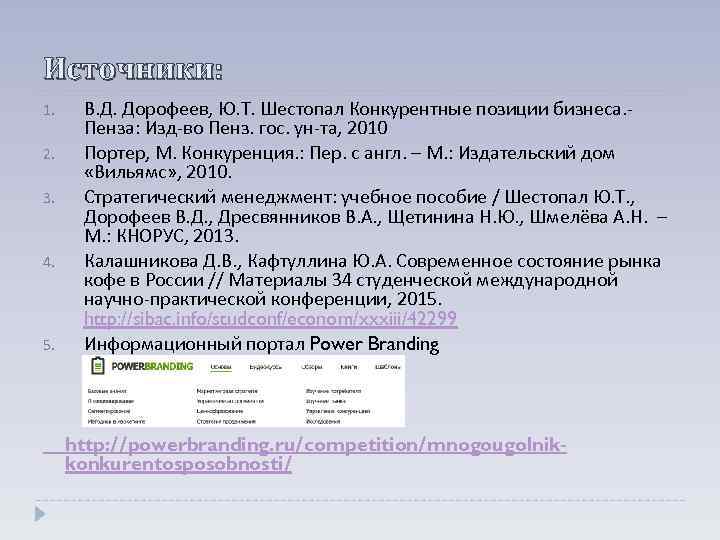 Источники: 1. 2. 3. 4. 5. В. Д. Дорофеев, Ю. Т. Шестопал Конкурентные позиции