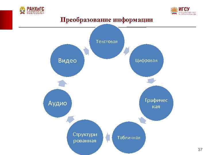 Преобразование информации Текстовая Видео Цифровая Графичес кая Аудио Структури рованная Табличная 37 