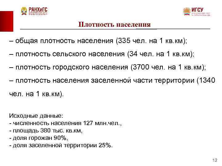 Плотность населения – общая плотность населения (335 чел. на 1 кв. км); – плотность