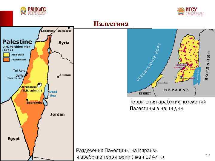 Палестина Территория арабских поселений Палестины в наши дни Разделение Палестины на Израиль и арабские