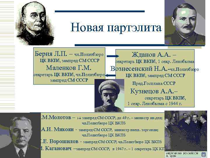 Новая партэлита Берия Л. П. – чл. Политбюро Жданов А. А. – ЦК ВКПб,