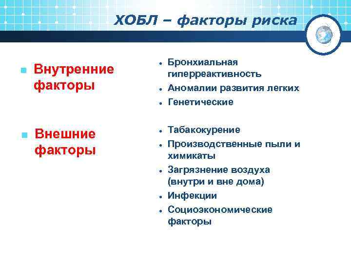 ХОБЛ – факторы риска n Внутренние факторы · · · n Внешние факторы ·