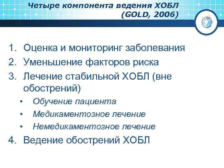 Четыре компонента ведения ХОБЛ (GOLD, 2006) 1. Оценка и мониторинг заболевания 2. Уменьшение факторов