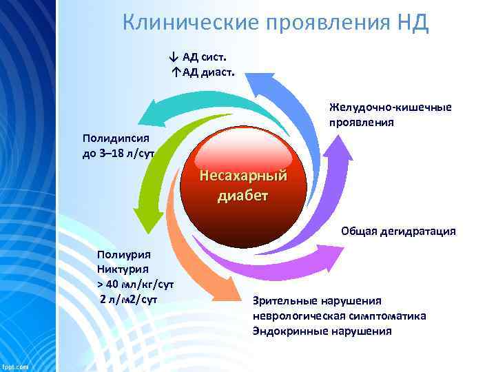 Клинические проявления НД ↓ АД сист. ↑АД диаст. Желудочно-кишечные проявления Полидипсия до 3– 18