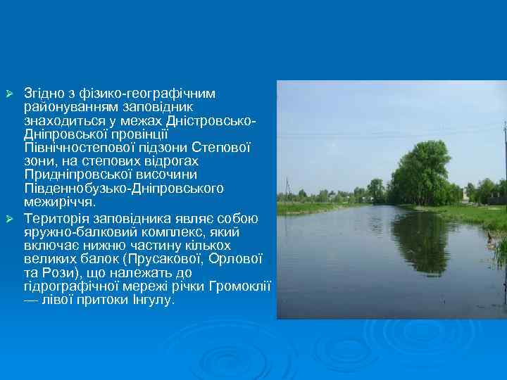 Згідно з фізико географічним районуванням заповідник знаходиться у межах Дністровсько Дніпровської провінції Північностепової підзони