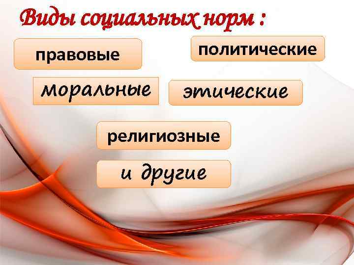 Виды социальных норм : политические правовые моральные этические религиозные и другие 
