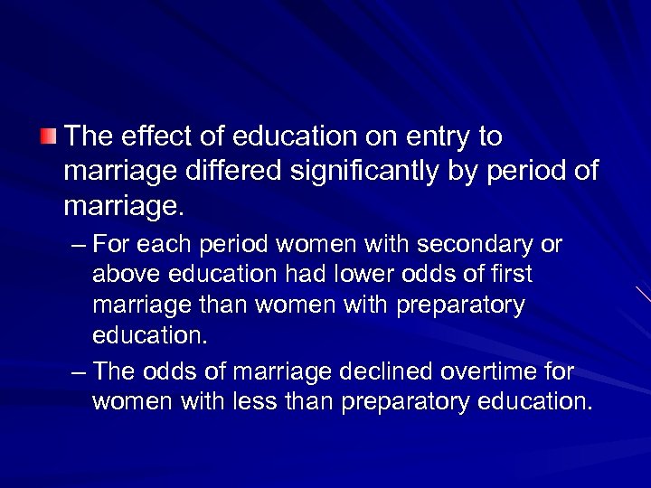 The effect of education on entry to marriage differed significantly by period of marriage.