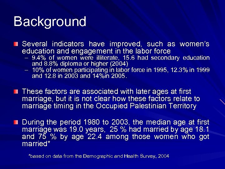 Background Several indicators have improved, such as women’s education and engagement in the labor