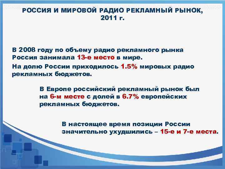 РОССИЯ И МИРОВОЙ РАДИО РЕКЛАМНЫЙ РЫНОК, 2011 г. В 2008 году по объему радио