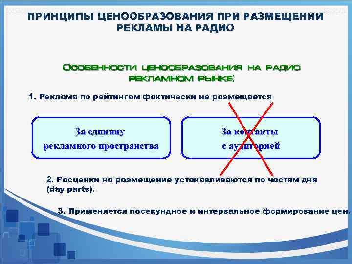 ПРИНЦИПЫ ЦЕНООБРАЗОВАНИЯ ПРИ РАЗМЕЩЕНИИ РЕКЛАМЫ НА РАДИО Особенности ценообразования на радио рекламном рынке: 1.