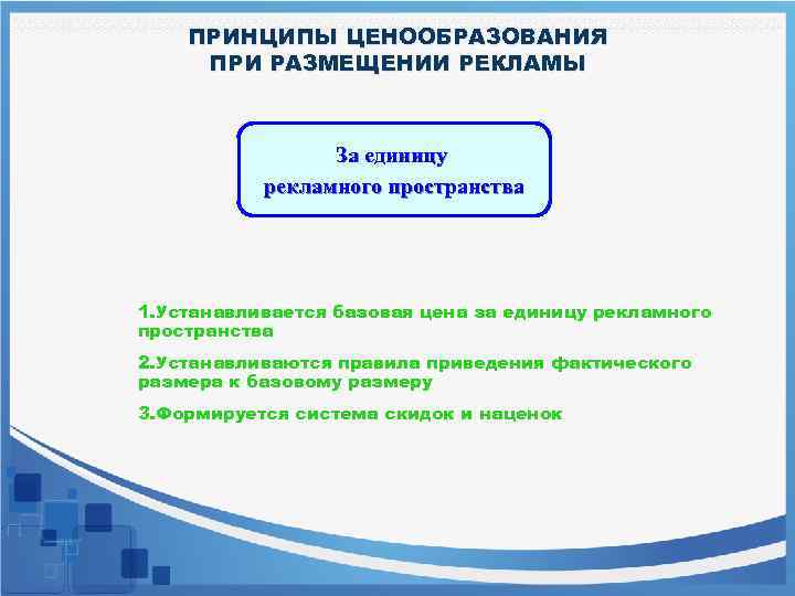 ПРИНЦИПЫ ЦЕНООБРАЗОВАНИЯ ПРИ РАЗМЕЩЕНИИ РЕКЛАМЫ За единицу рекламного пространства 1. Устанавливается базовая цена за