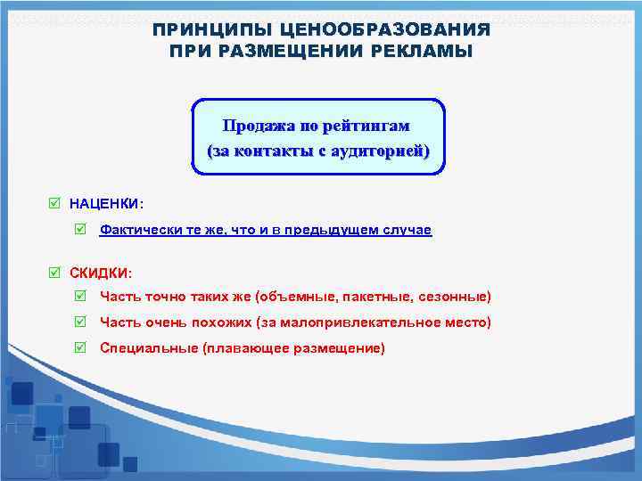 ПРИНЦИПЫ ЦЕНООБРАЗОВАНИЯ ПРИ РАЗМЕЩЕНИИ РЕКЛАМЫ Продажа по рейтингам (за контакты с аудиторией) þ НАЦЕНКИ: