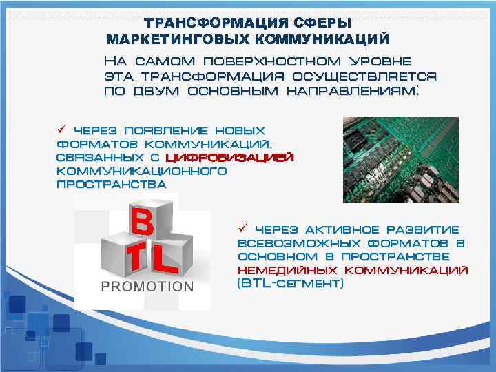 ТРАНСФОРМАЦИЯ СФЕРЫ МАРКЕТИНГОВЫХ КОММУНИКАЦИЙ На самом поверхностном уровне эта трансформация осуществляется по двум основным