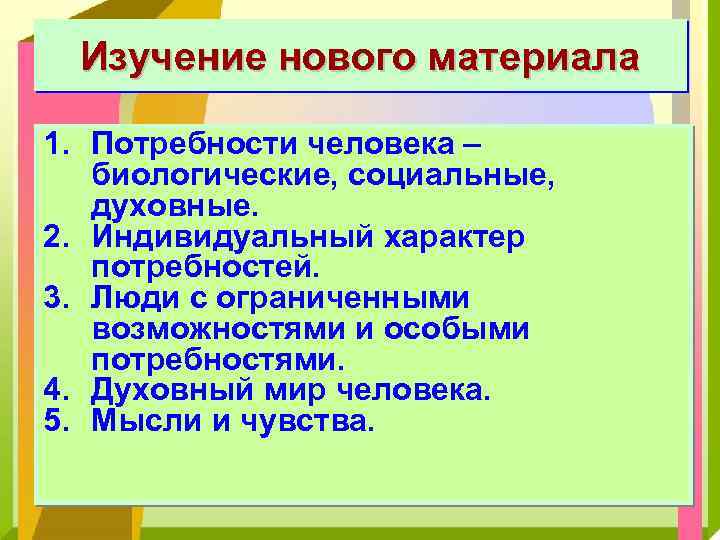 Изучение нового материала 1. Потребности человека – биологические, социальные, духовные. 2. Индивидуальный характер потребностей.