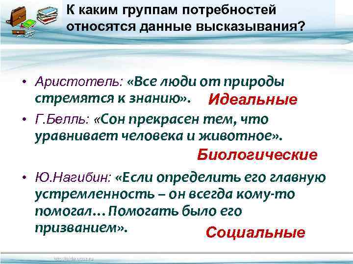 К каким группам потребностей относятся данные высказывания? • Аристотель: «Все люди от природы стремятся