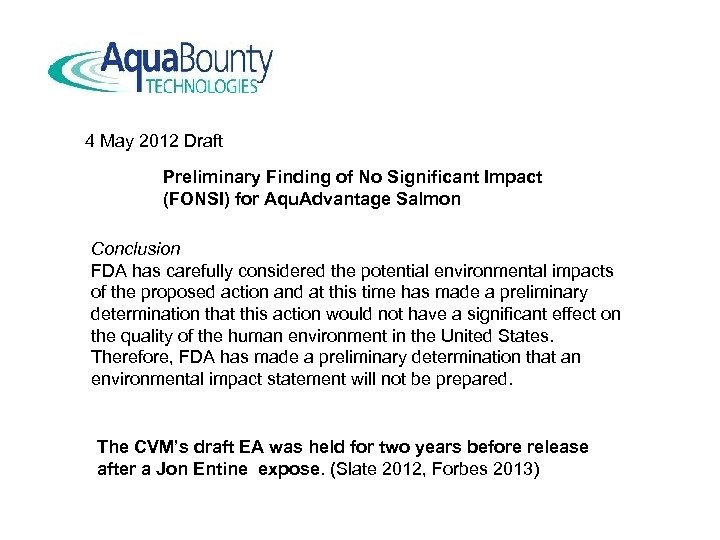 4 May 2012 Draft Preliminary Finding of No Significant Impact (FONSI) for Aqu. Advantage