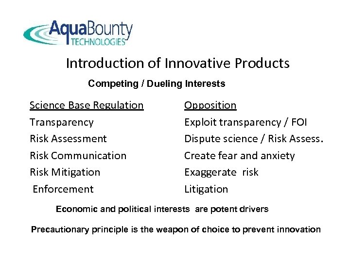 Introduction of Innovative Products Competing / Dueling Interests Science Base Regulation Transparency Risk Assessment