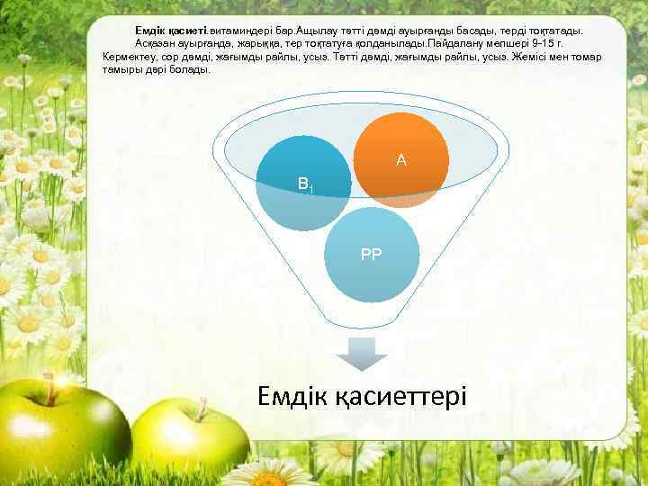Емдік қасиеті. витаминдері бар. Ащылау тәтті дәмді ауырғанды басады, терді тоқтатады. Асқазан ауырғанда, жарыққа,