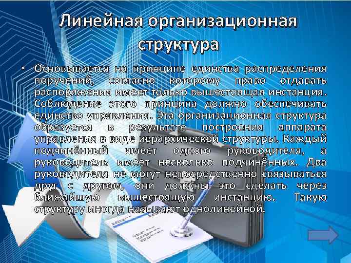 Линейная организационная структура • Основывается на принципе единства распределения поручений, согласно которому право отдавать