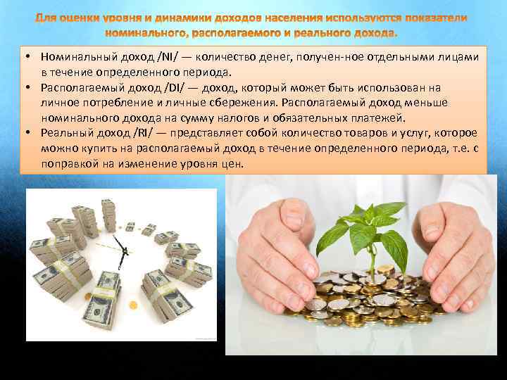  • Номинальный доход /NI/ — количество денег, получен ное отдельными лицами в течение