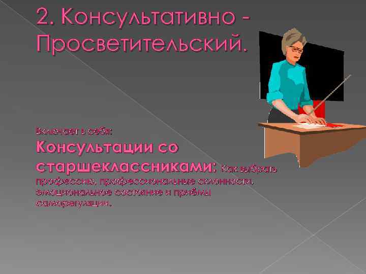 2. Консультативно Просветительский. Включает в себя: Консультации со старшеклассниками: Как выбрать профессию, профессиональные склонности,