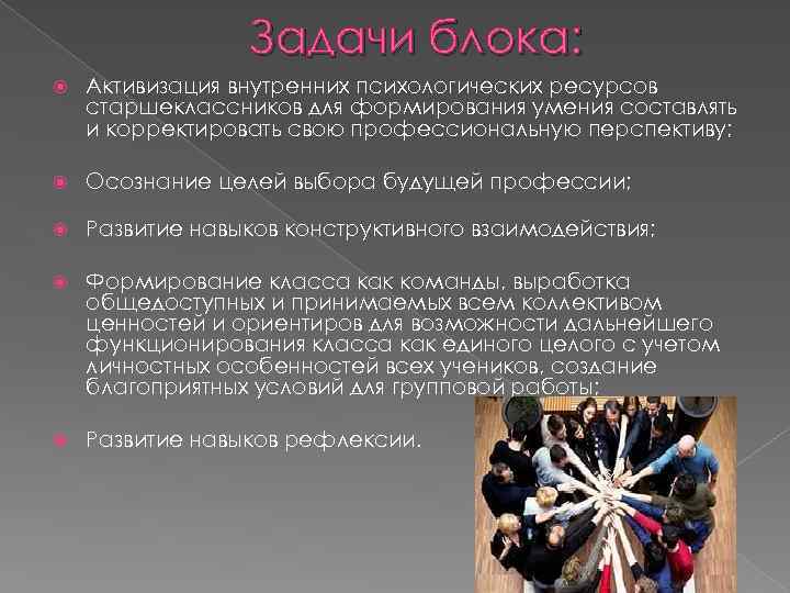 Задачи блока: Активизация внутренних психологических ресурсов старшеклассников для формирования умения составлять и корректировать свою