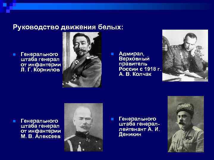 Руководство движения белых: n Генерального штаба генерал от инфантерии Л. Г. Корнилов n Адмирал,