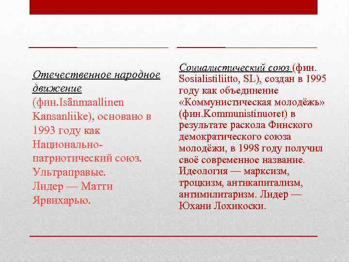 Отечественное народное движение (фин. Isänmaallinen Kansanliike), основано в 1993 году как Национальнопатриотический союз. Ультраправые.