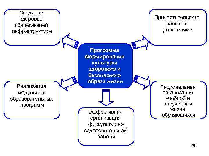 Создание здоровьесберегающей инфраструктуры Реализация модульных образовательных программ Просветительская работа с родителями Программа формирования культуры